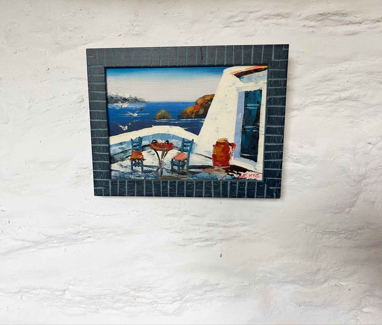 Petit tableau peinture huile sur toile paysage grec signé Alexis - 21.5 x 16 cm